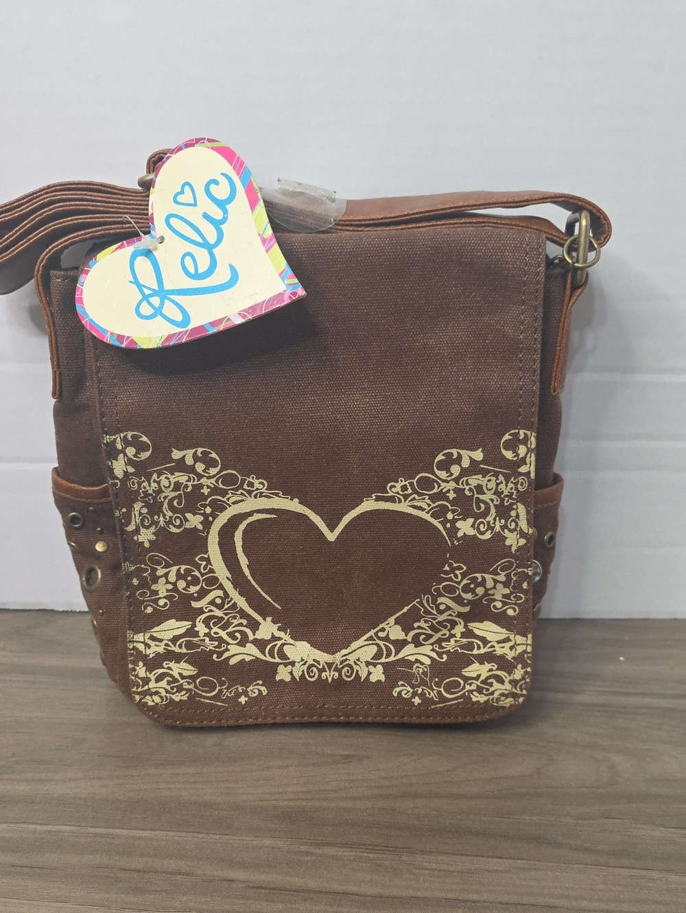 Relic Brown Crossbody Bag with Cream Heart Detail